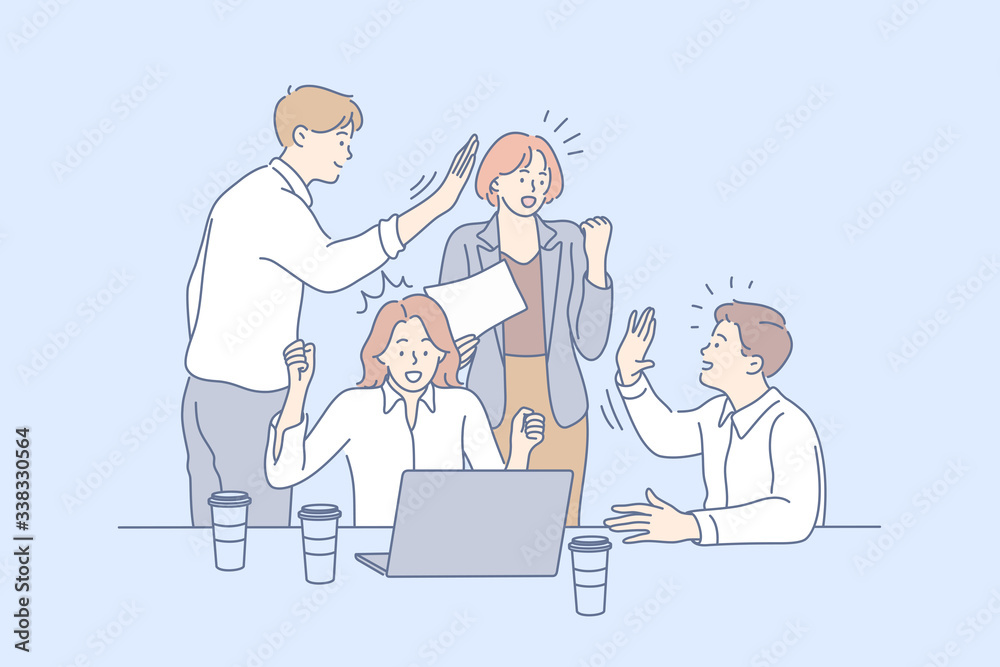 Business team, win coworking, success, goal achievement cooperation concept. Teamwork of group of people businessmen women clerks managers partners celebrate together. Team collaboration in office Business team, win coworking, success, goal achievement cooperation concept. Teamwork of group of people businessmen women clerks managers partners celebrate together. Team collaboration in office