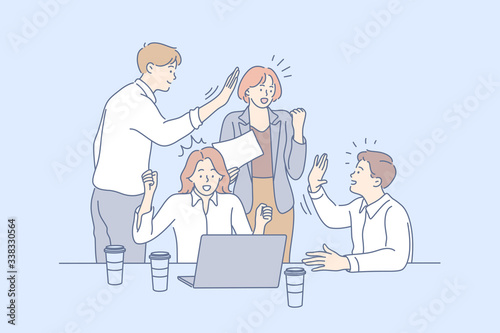 Business team, win coworking, success, goal achievement cooperation concept. Teamwork of group of people businessmen women clerks managers partners celebrate together. Team collaboration in office