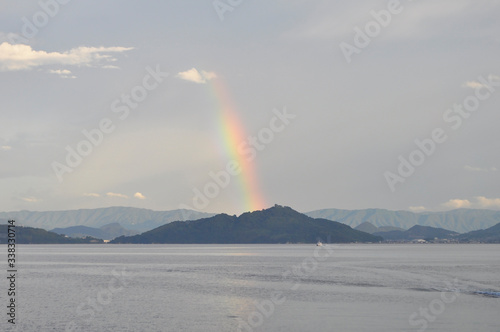 A rainbow in a cloudy sky