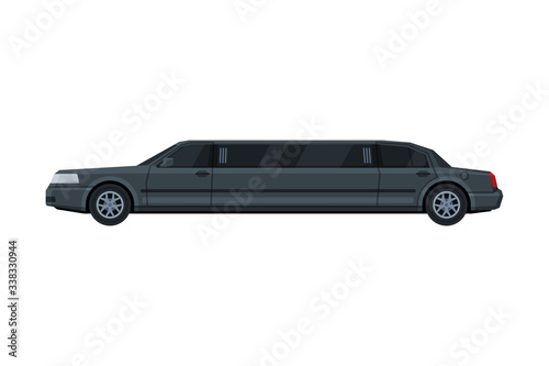 Black Limousine Car, Luxury Business Transportation Auto, Side View Flat Vector Illustration