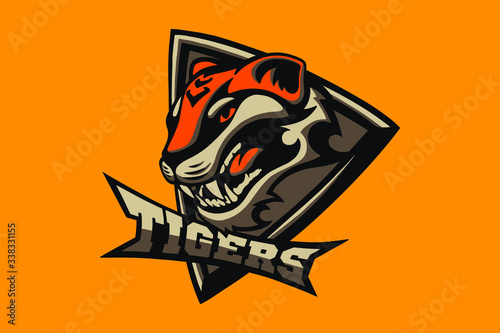 Hand drawn sport team mascot logo design. T-shirt print illustration. Tiger.