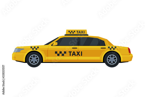 Fototapeta Naklejka Na Ścianę i Meble -  Yellow Taxi Car, Side View, Public Transportation Vehicle Flat Vector Illustration