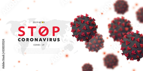 Stop Coronavirus 2019-nCoV background with realistic microscopic 3D viral cells.COVID-19 Corona virus outbreaking and Pandemic concept.Vector illustration eps 10