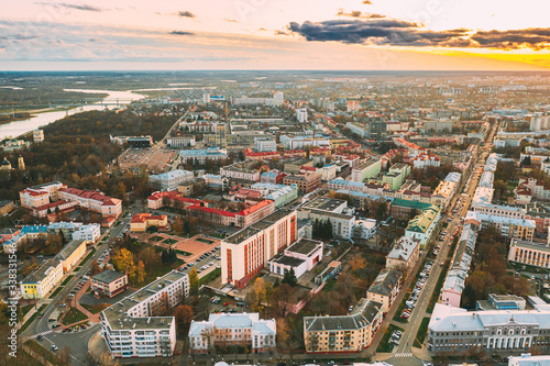 Gomel, Belarus. Aerial View Of Homiel Cityscape Skyline In Autumn Evening. Residential District During Sunset. Bird's-eye View