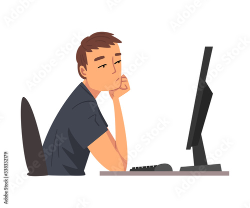 Bored Employee Man Working with Computer, Lazy Clerk Procrastinating at Workplace, Unmotivated or Unproductive Worker Character Vector Illustration