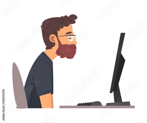 Man Being Bored with His Job, Lazy Employee Working with Computer Procrastinating at Workplace, Unmotivated or Unproductive Worker Character, Side View Vector Illustration
