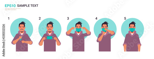 how to wear medical face mask covid-19 protection asian man presenting step by step correct method of wearing mask to reduce coronavirus spreading horizontal portrait vector illustration