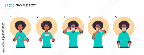 how to wear medical face mask covid-19 protection african american woman presenting step by step correct method of wearing mask to reduce coronavirus spreading horizontal portrait vector illustration