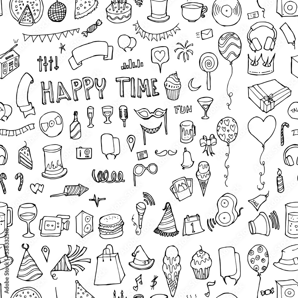 Fototapeta Party doodle background seamless pattern. Drawing vector illustration hand drawn eps10