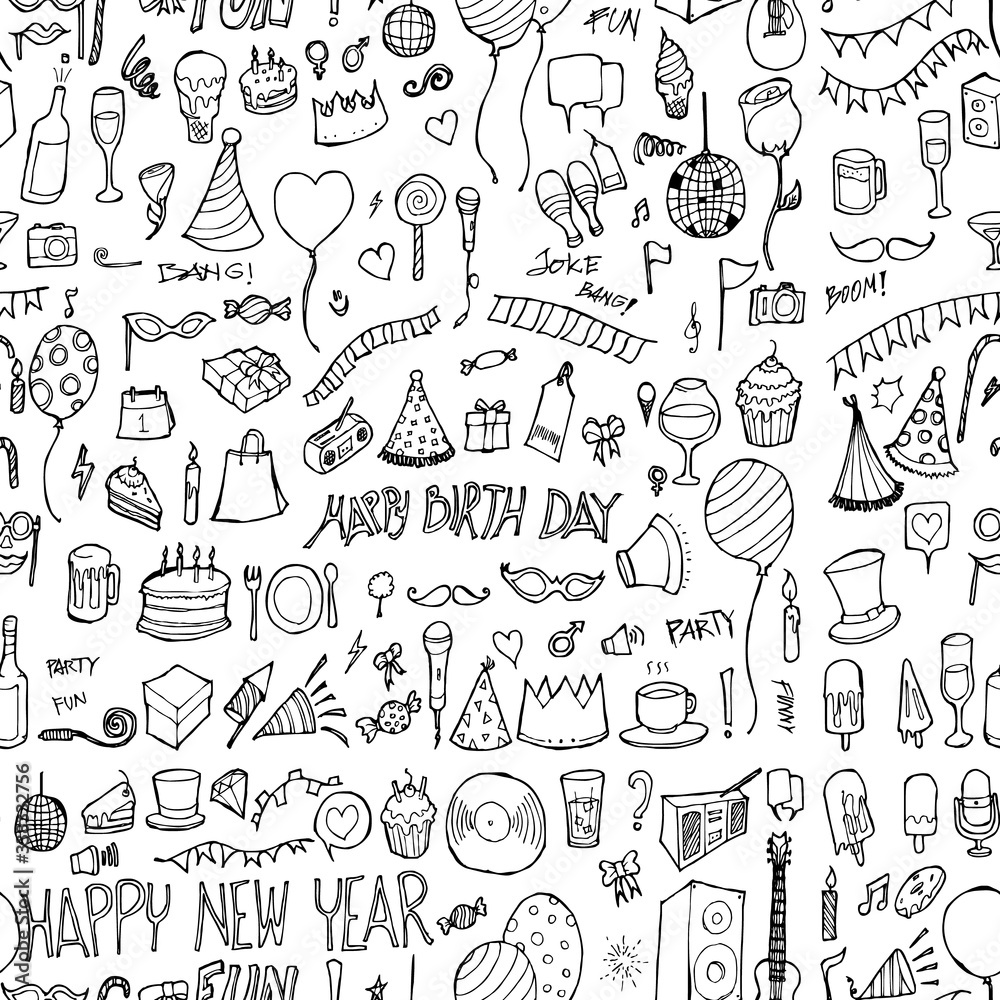 Party doodle background seamless pattern. Drawing vector illustration hand drawn eps10