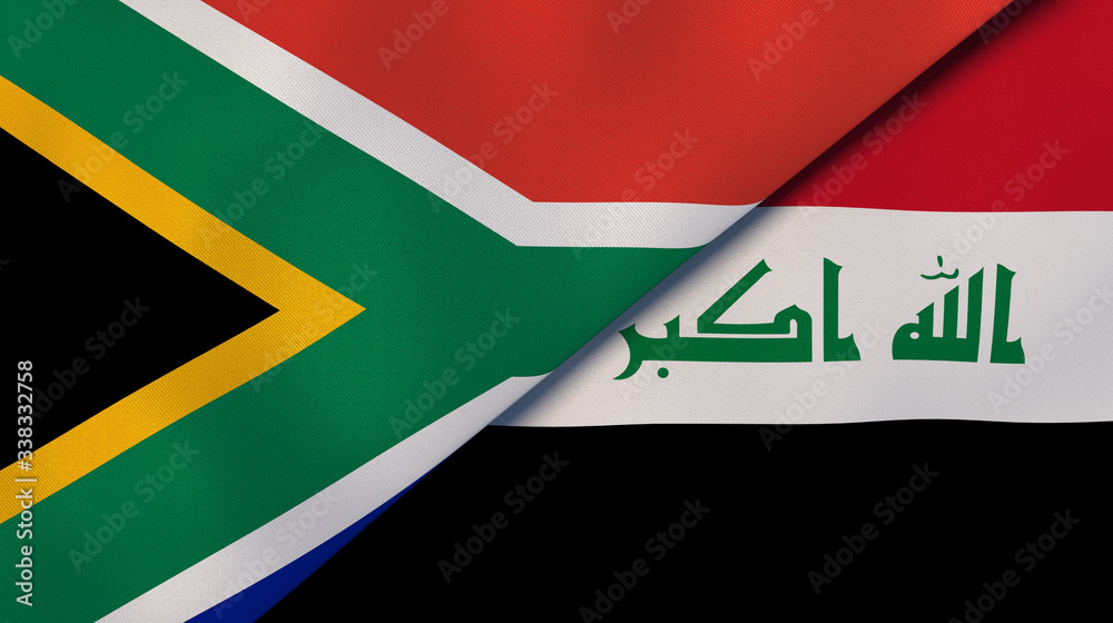 The flags of South Africa and Iraq. News, reportage, business background. 3d illustration The flags of South Africa and Iraq. News, reportage, business background. 3d illustration