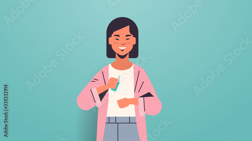 asian woman applying antibacterial spray disinfection against virus bacteria stop coronavirus pandemic quarantine concept horizontal portrait vector illustration