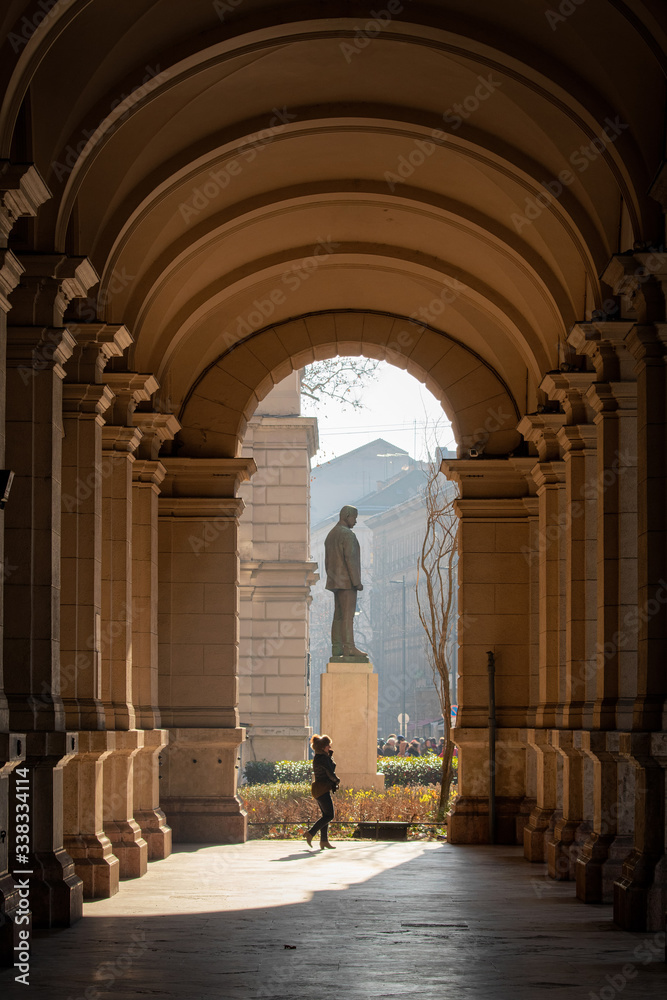 Columns of historical building in Budapest with statue at the end