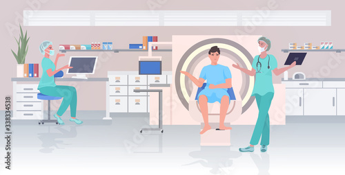 doctors preparing male patient for MRI or CT scan test medical equipment healthcare concept hospital room interior horizontal full length vector illustration