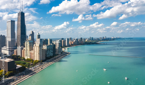 Chicago skyline aerial drone view from above, city of Chicago downtown skyscrapers and lake Michigan cityscape, Illinois, USA  © Iuliia Sokolovska
