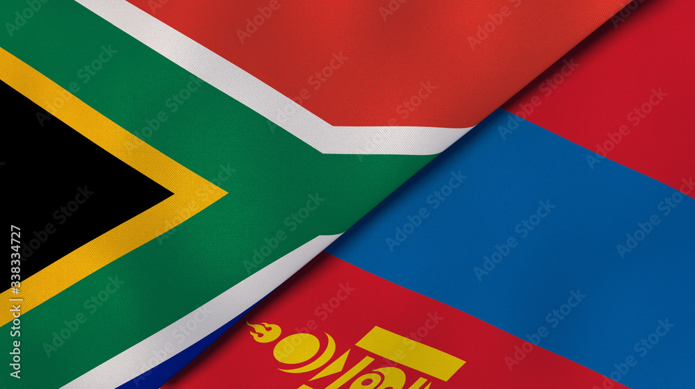 The flags of South Africa and Mongolia. News, reportage, business background. 3d illustration