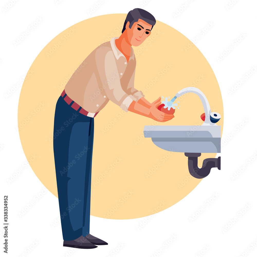 man washes his hands under running water, vector illustration, man washes his hands under running water, vector illustration,