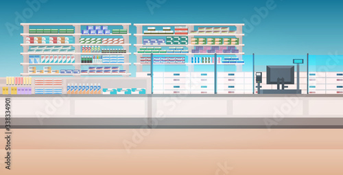 medicines arranged in shelves empty no people pharmacy modern drugstore interior horizontal vector illustration