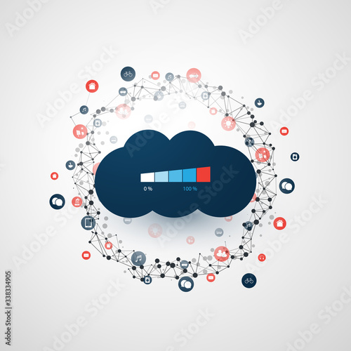 Cloud Computing Technology Design Concept with Cityscape - Overloaded Digital Network Connections, Near Exhausting Servers - Digital Internet Services at Full Capacity