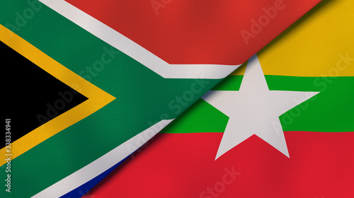 The flags of South Africa and Myanmar. News, reportage, business background. 3d illustration