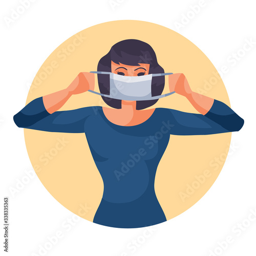 woman in blue sweater puts on a protective mask, vector illustration,