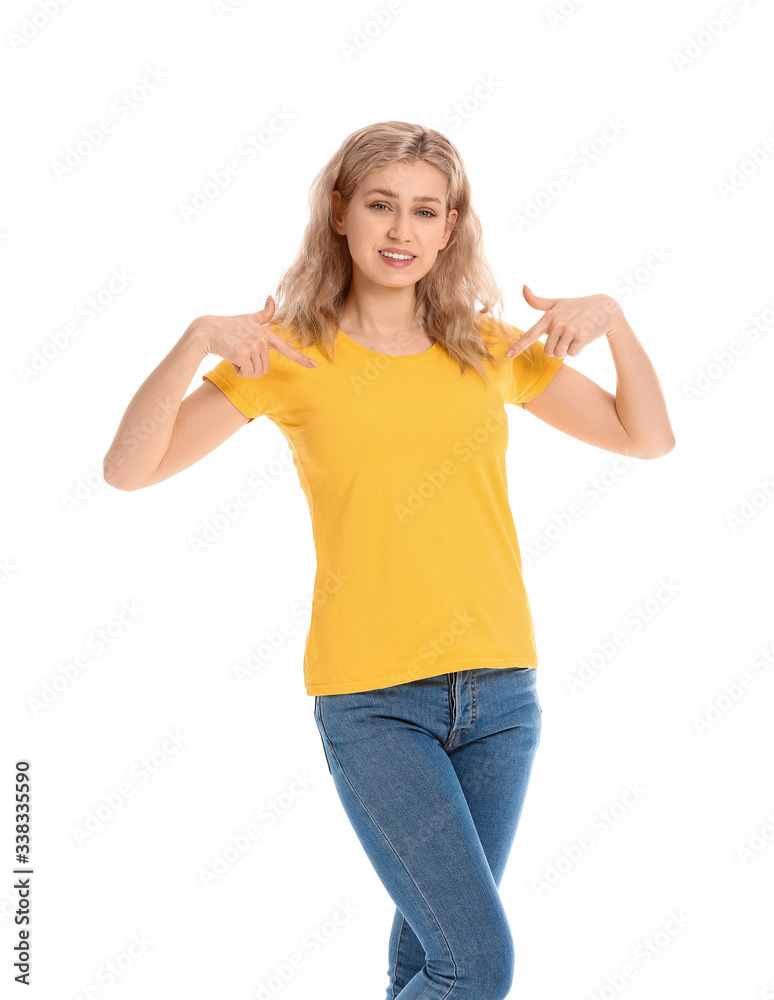 Woman in stylish t-shirt on white background Woman in stylish t-shirt on white background