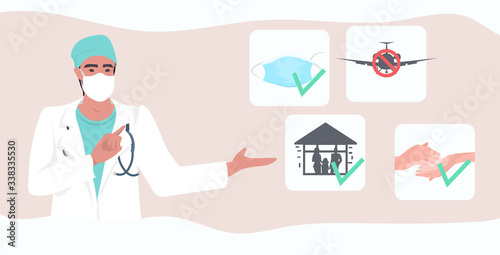 doctor explaining basic protective measures coronavirus prevention protect yourself from 2019-nCoV healthcare concept important information guidance to stay healthy horizontal vector illustration