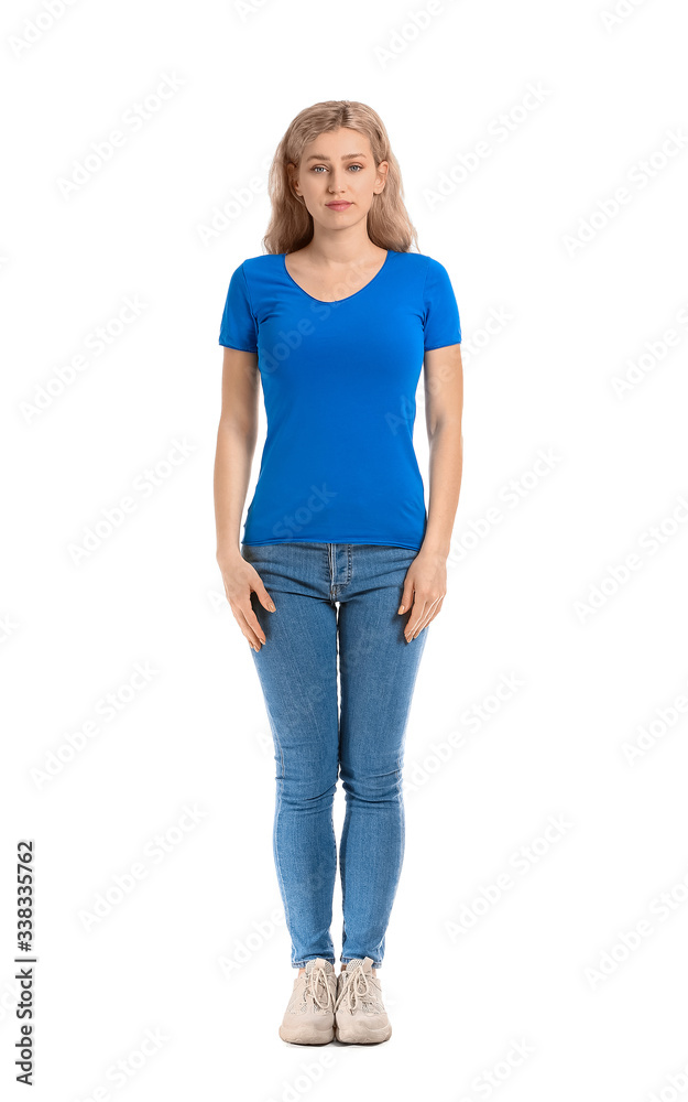 Obraz premium Woman in stylish t-shirt on white background