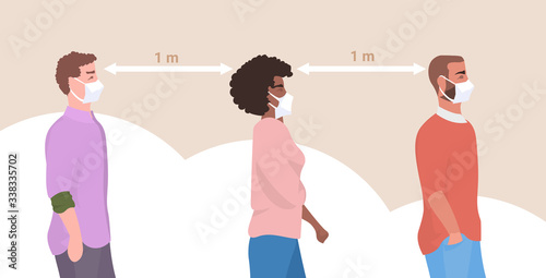 mix race people wearing face masks to prevent covid-19 coronavirus men women keeping 1 meter distance social distancing health care concept horizontal portrait vector illustration