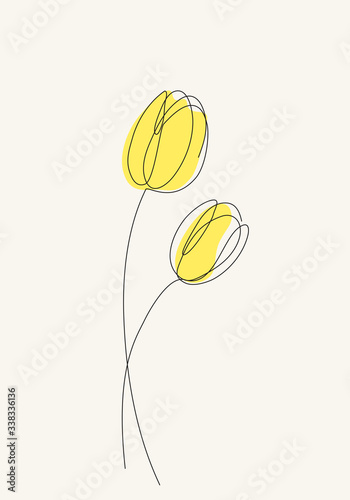 Two yellow Tulips flowers line drawing art. Minimalist art. Abstract Vector illustration