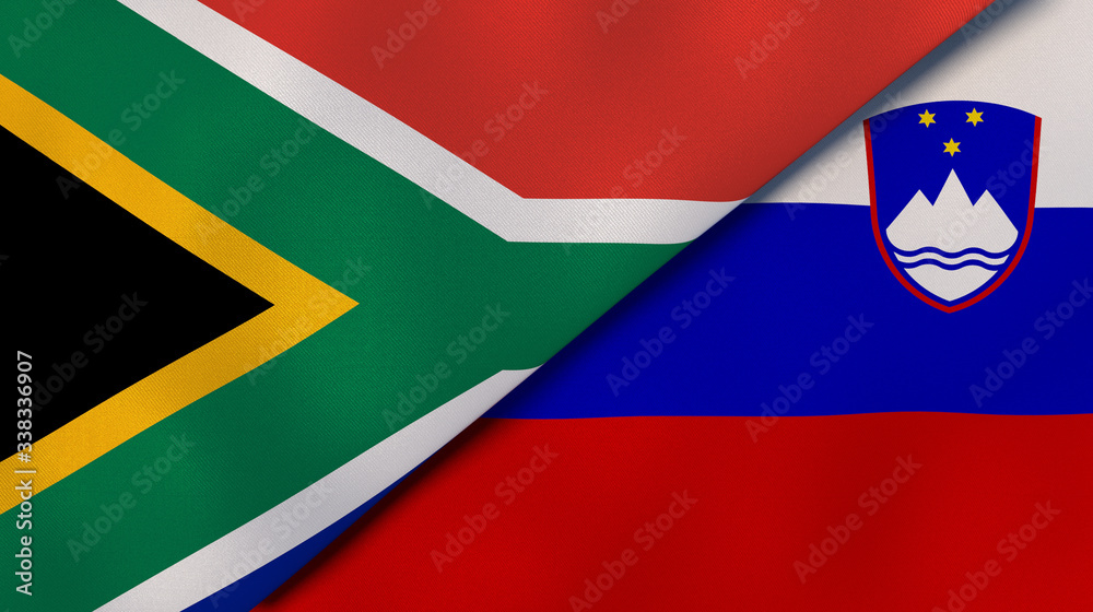 The flags of South Africa and Slovenia. News, reportage, business background. 3d illustration The flags of South Africa and Slovenia. News, reportage, business background. 3d illustration