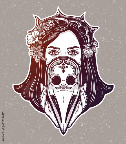 Beautiful woman in a crown of thorns, holding a plague doctor mask -medieval gothic tattoo style.Symbol of unity, solidarity and support in a health crisis. Isolated vector illustration.