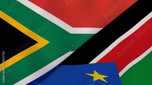 The flags of South Africa and South Sudan. News, reportage, business background. 3d illustration
