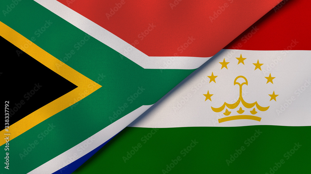 Fototapeta premium The flags of South Africa and Tajikistan. News, reportage, business background. 3d illustration