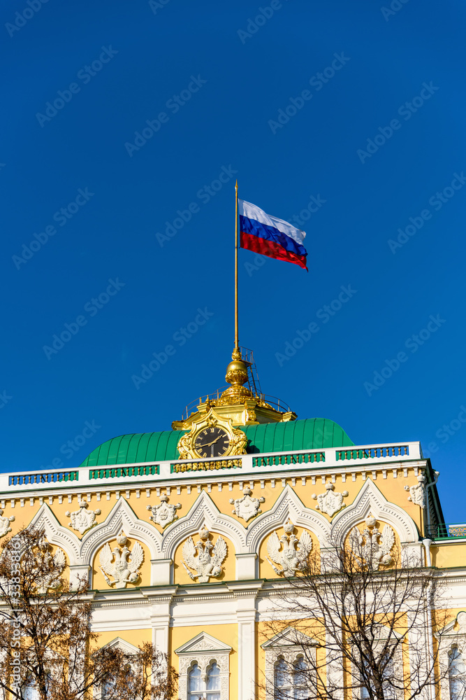 Russian flag on the building of the Grand Kremlin Palace.
