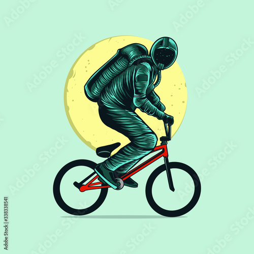 astronaut riding bmx with moon vector illustration design