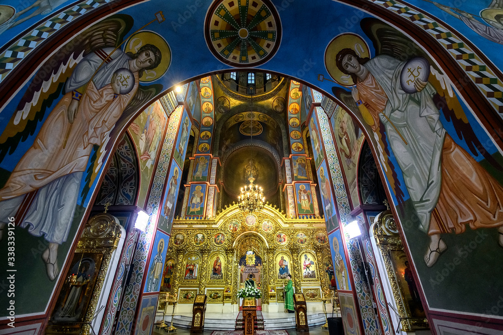 Interior of the St. Michael's Golden Domed Cathedral with altar and fragments of frescoes. Kyiv, Ukraine. April 2020