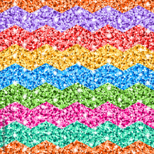 Vector seamless geometric zigzag pattern with rainbow gradient sparkle glitter. Colorful texture background