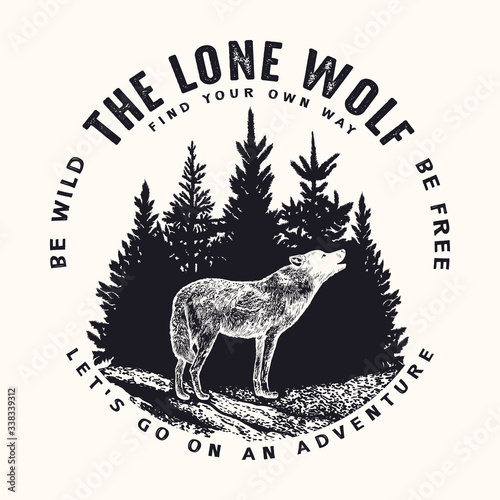 Vector round illustration of howling wolf on forest and typography background. T-shirt print, emblem, label or badge design