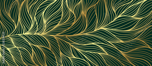 Luksusowa złota szmaragdowa tapeta. Streszczenie tekstura złota linia sztuki z zielonym szmaragdowym tłem dla okładki, tła zaproszenia, projektowania opakowań, tkaniny i druku. Ilustracji wektorowych.