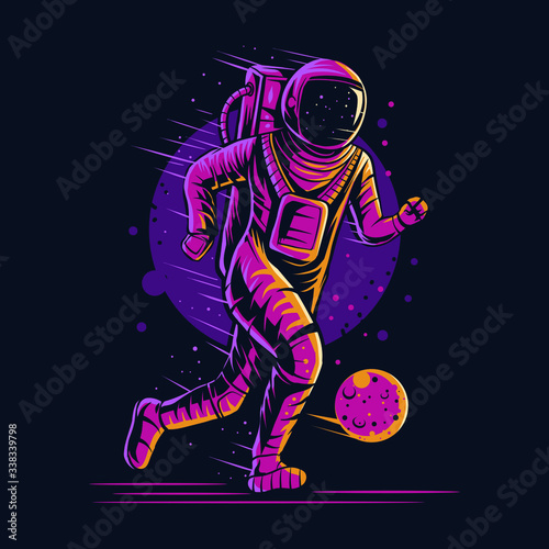 astronaut dribbling football planet vector illustration design