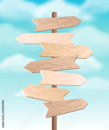 Vector wooden signpost on blue sky background. Sign board arrow illustration