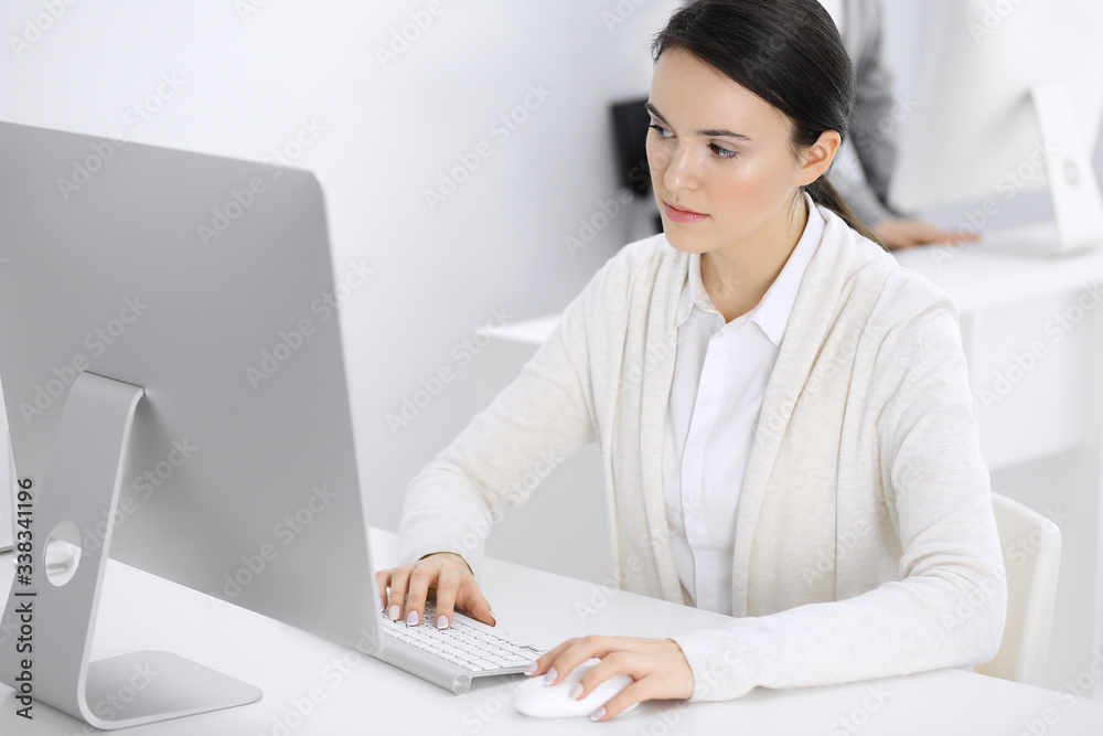 Casual dressed business woman working with computer in office. Lawyer or accountant at work Casual dressed business woman working with computer in office. Lawyer or accountant at work