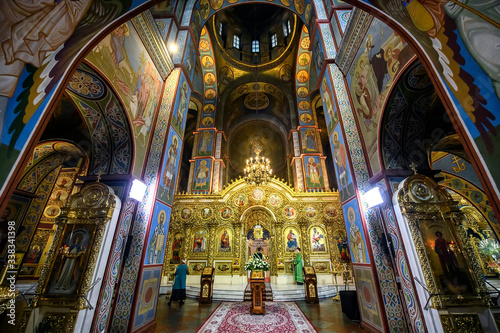 Interior of the St. Michael s Golden Domed Cathedral with altar and fragments of frescoes. Kyiv  Ukraine. April 2020