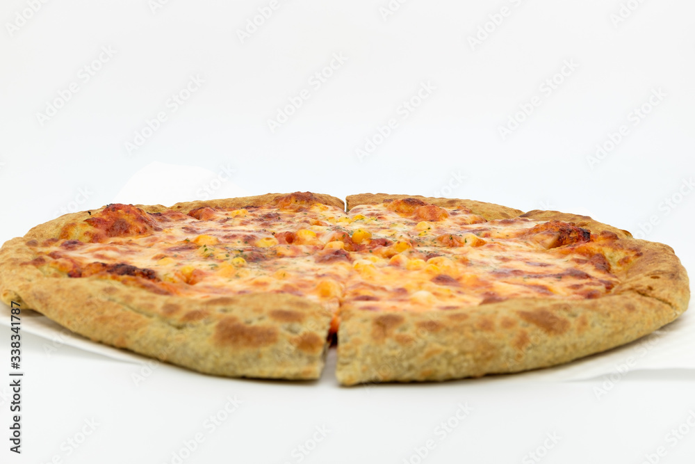 Oven-baked cheese pizza on white background