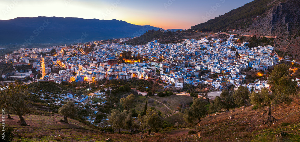 Aerial view of blue medina of city Chefchaouen, Morocco, Africa