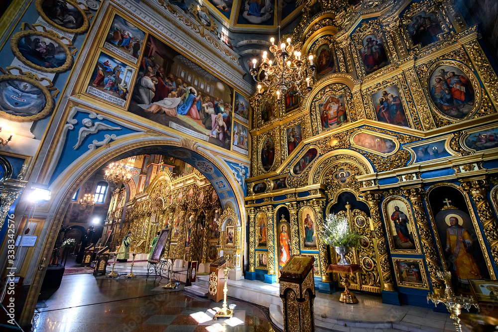 Interior of the St. Michael's Golden Domed Cathedral with altar and fragments of frescoes. Kyiv, Ukraine. April 2020