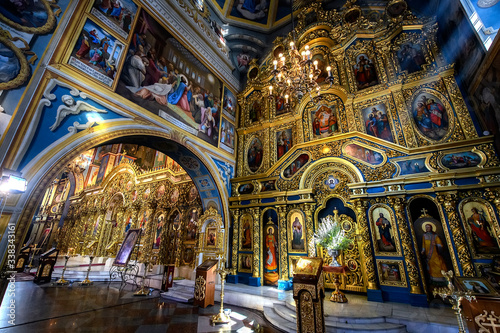 Interior of the St. Michael s Golden Domed Cathedral with altar and fragments of frescoes. Kyiv  Ukraine. April 2020