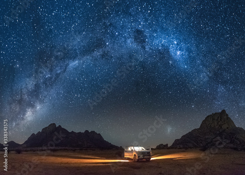 Milky Way arch and Magellanic Clouds over Spitzkoppe, Namibia