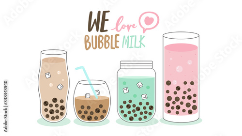We love bubble milk tea vector design banner, ubble tea cup design collection, Pearl milk tea, Taiwan milk tea,Yummy drinks, coffees and soft drinks with doodle style set. - Vector